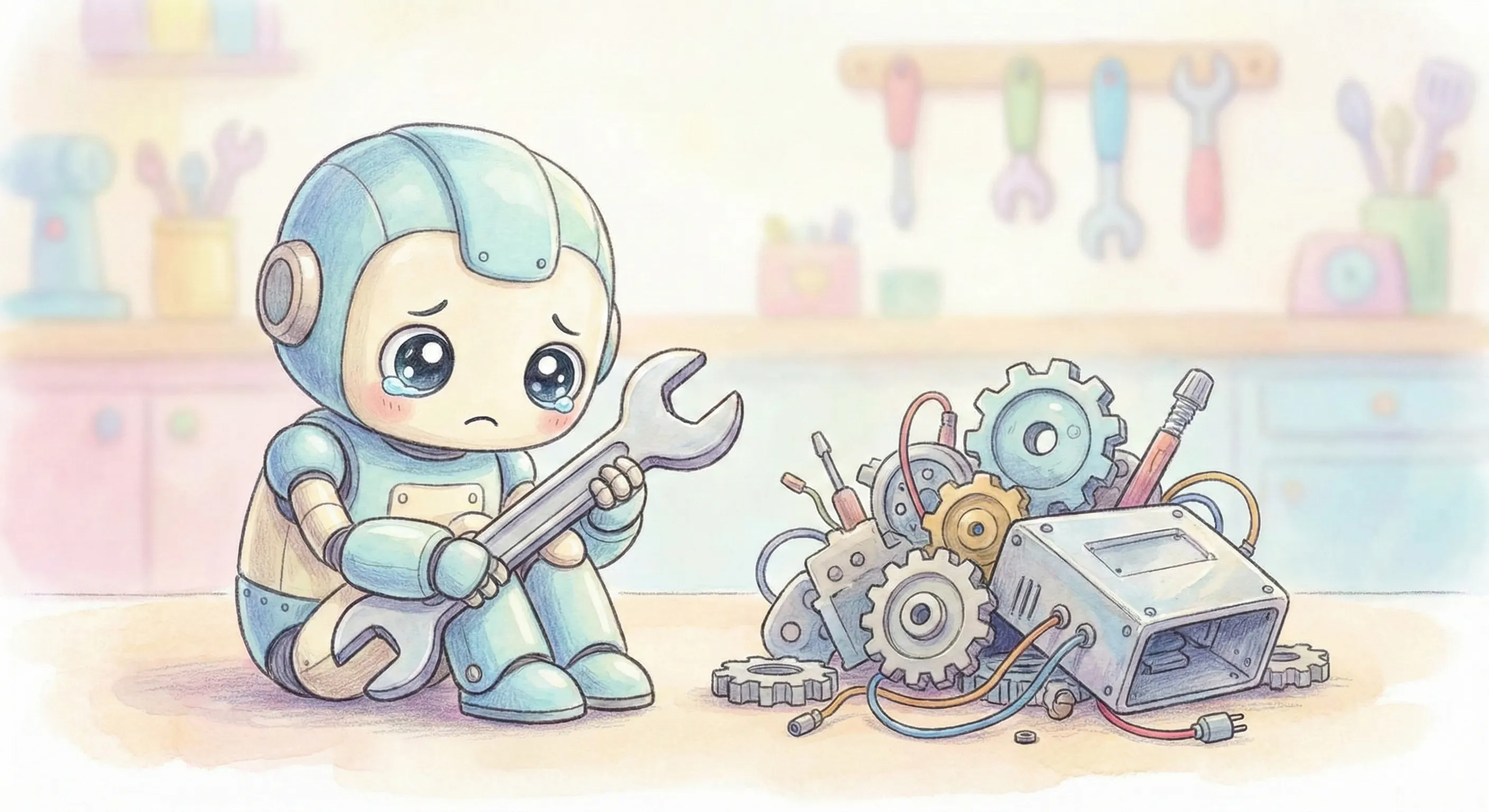 A cute, sad robot sitting next to an unassembled machine part.