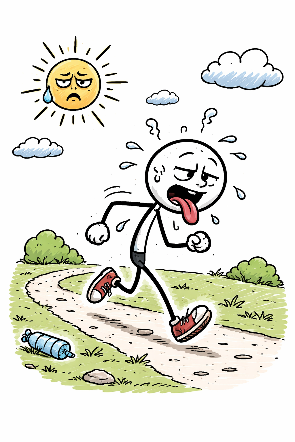 A cartoon stick figure runs exhausted on a winding park path, sweating heavily with tongue out, under a tired-looking sun and clouds, with a discarded water bottle nearby.