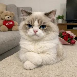 A fluffy cat surrounded by hearts and flowers, looking expectant.